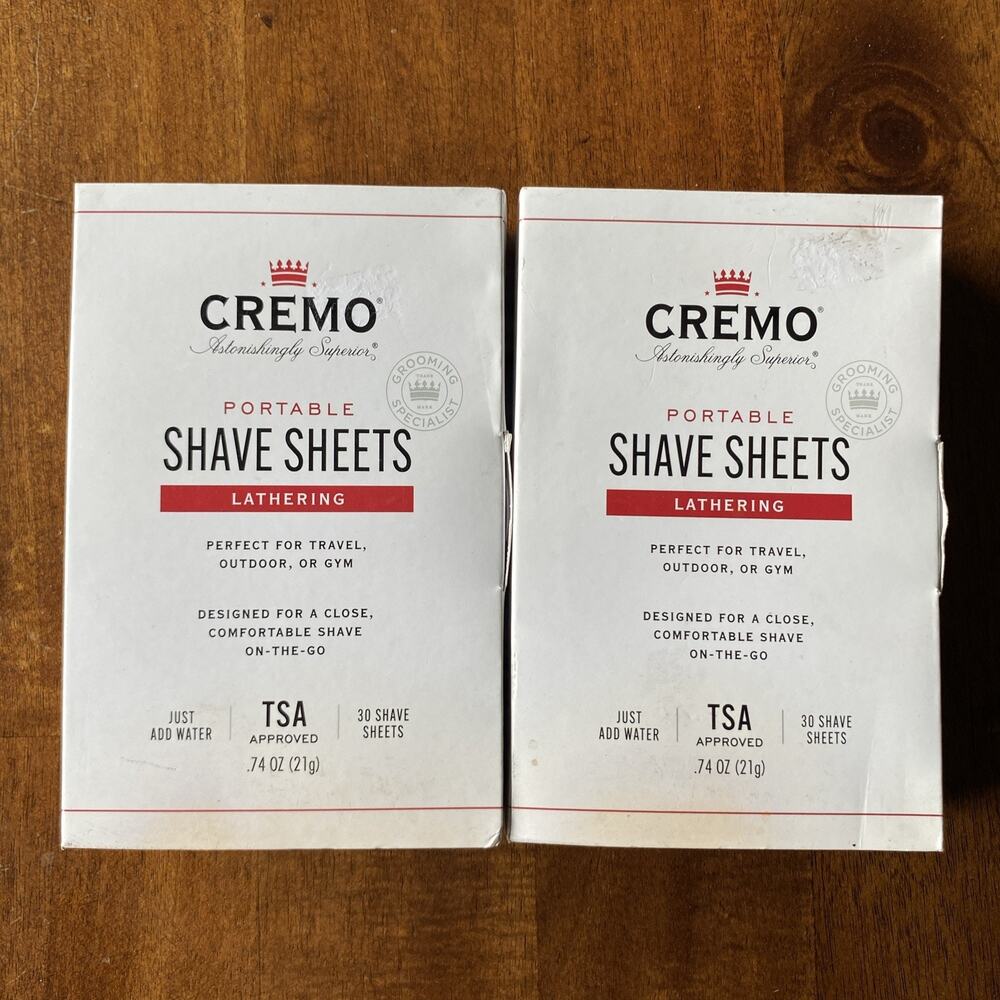 2 Cremo TSA APPROVED 60 Portable Shave Sheets Lathering Travel Outdoor Gym
